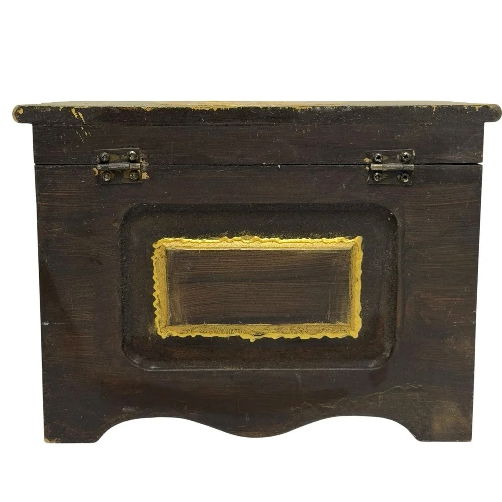 Vintage Handpainted Wooden Jewelry Box Hinged Lid Floral w/Bird Embossed 6.25